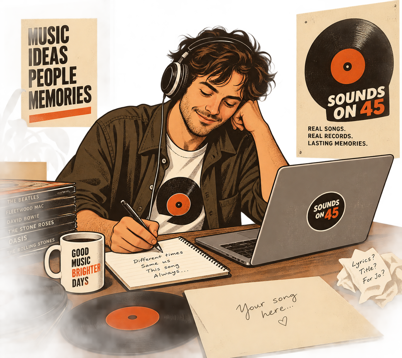 A musician wearing headphones and writing song ideas at a desk