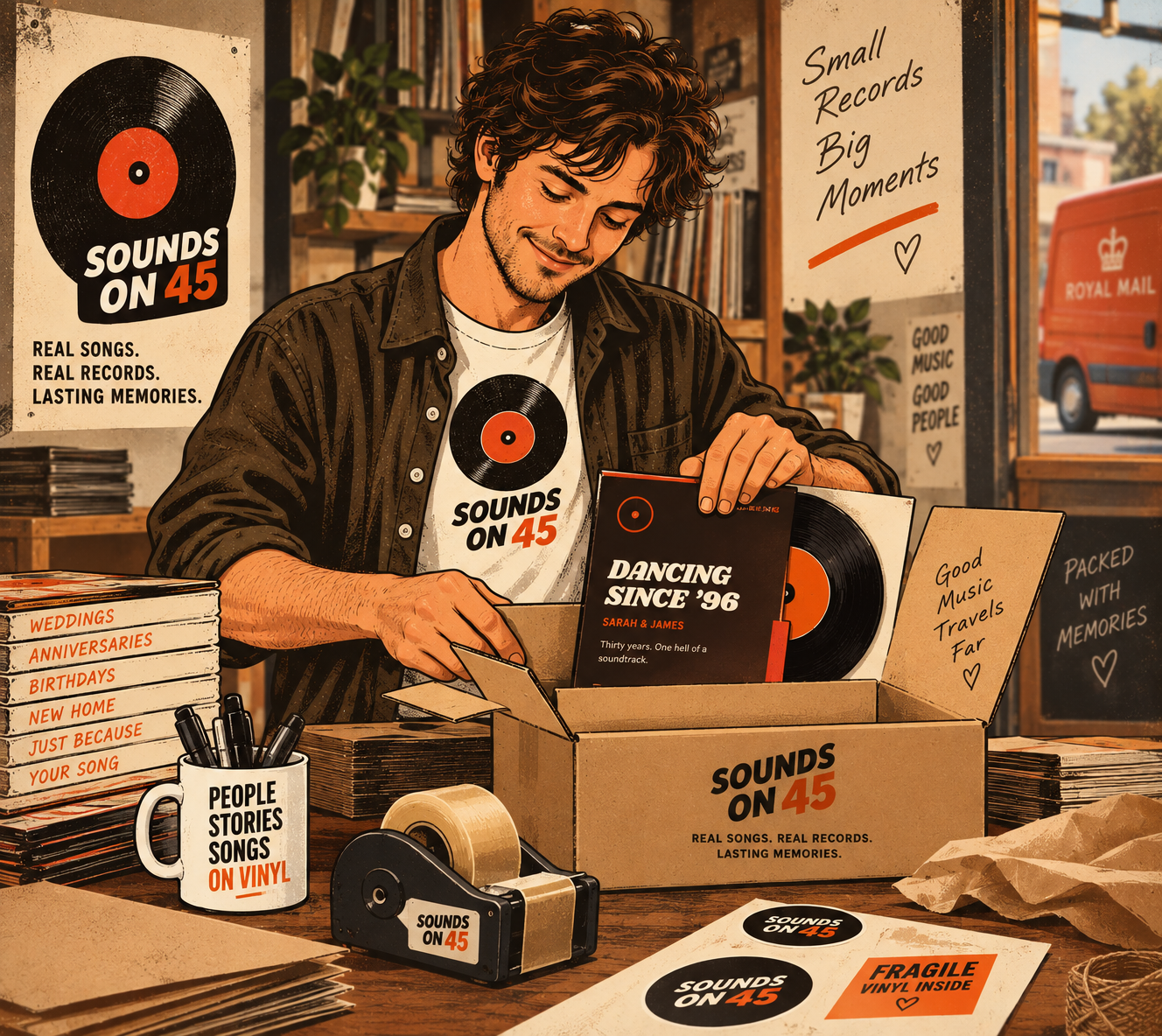 A record maker packing a personalised vinyl record for delivery