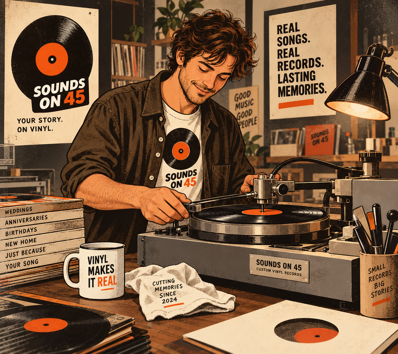 A record maker operating a vinyl cutting machine